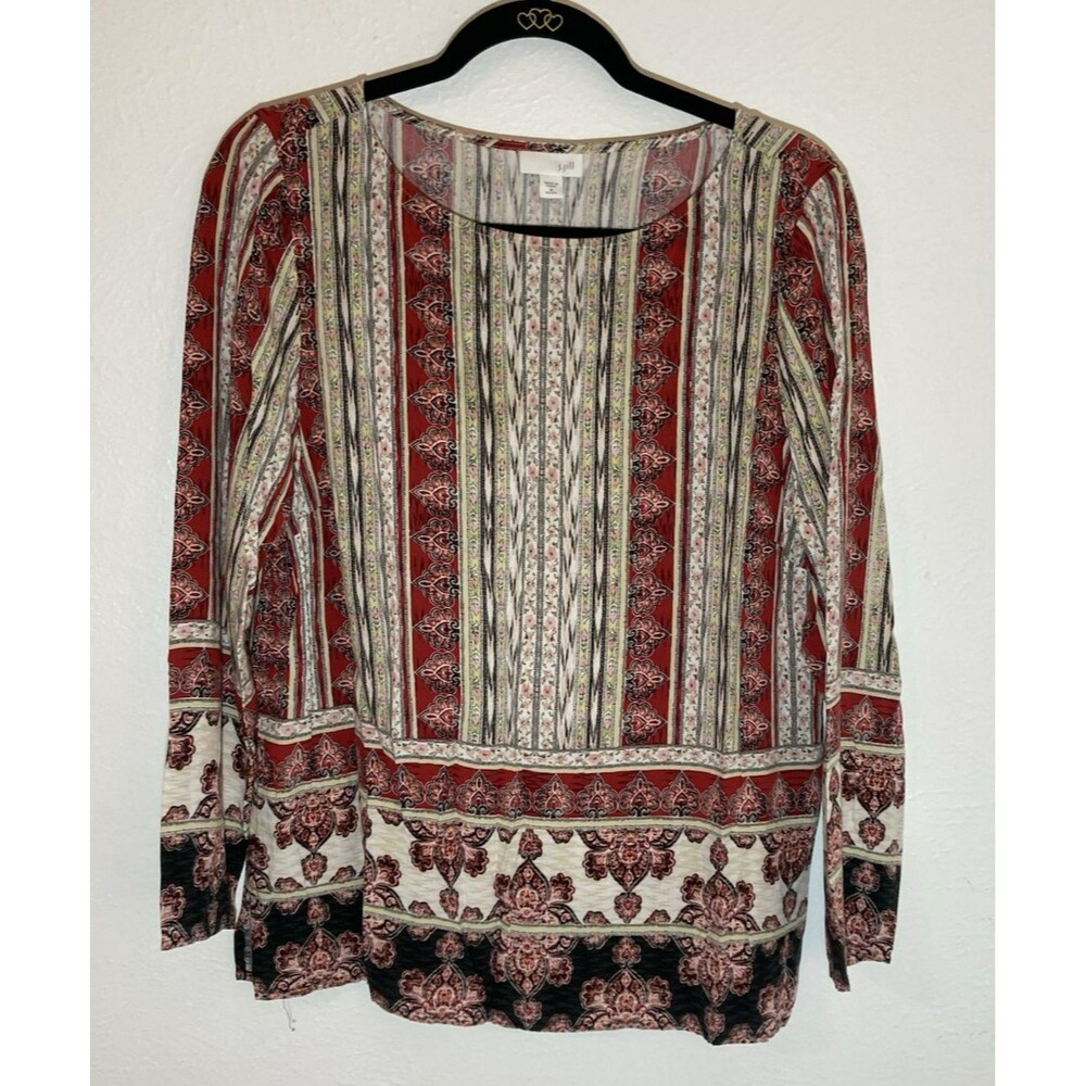J.Jill Womens Top medium red blue and cream Petite Round Neck Floral Boho